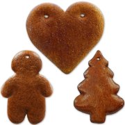 gingerbred set, 5 pieces each of heart, tree and man