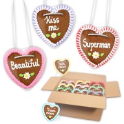 Gingerbread hearts mixed in a carton - 10cm - party sayings