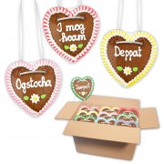 Gingerbread hearts mixed in a carton - 10cm - Naughty Bavarian sayings
