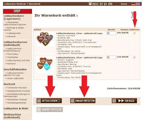 Fortsetzen und Löschen Artikel löschen und Einkauf fortsetzen