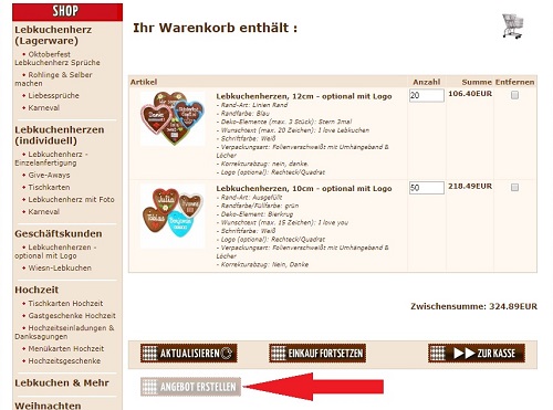 Angebot für mehrere Artikel erstellen Angebot erstellen Warenkorb