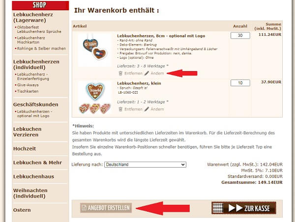 Warenkorb anpassen und Angebot erstellen