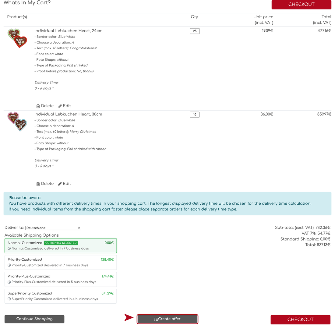 Shopping cart with several lines and the Create offer button