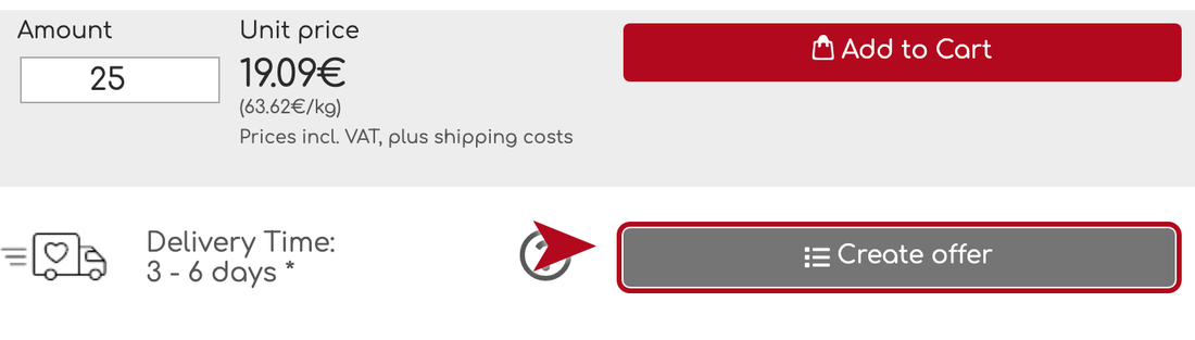 Quantity field with the Create offer button highlighted