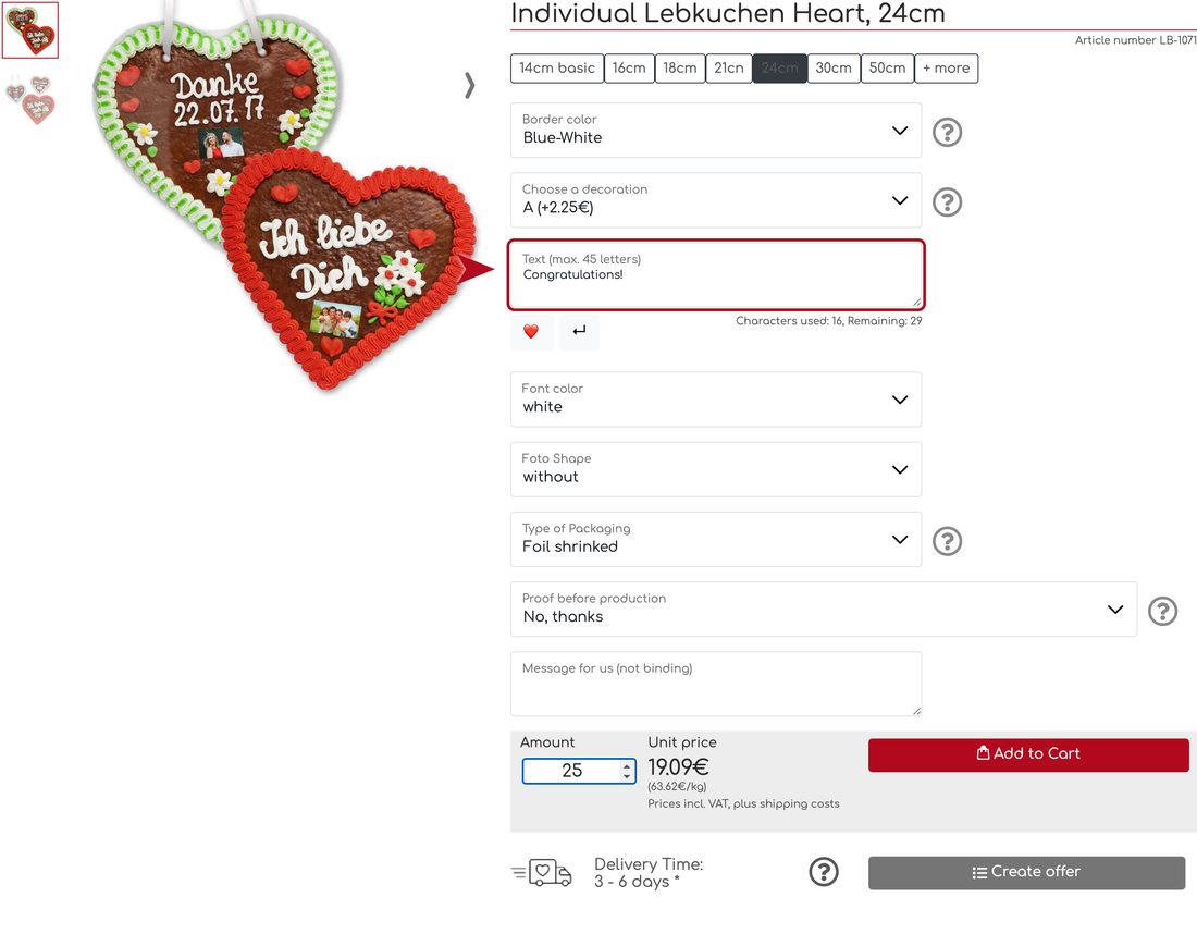 Product page with customisation options and personal text