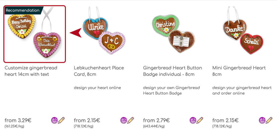 Product overview with personalisable gingerbread hearts