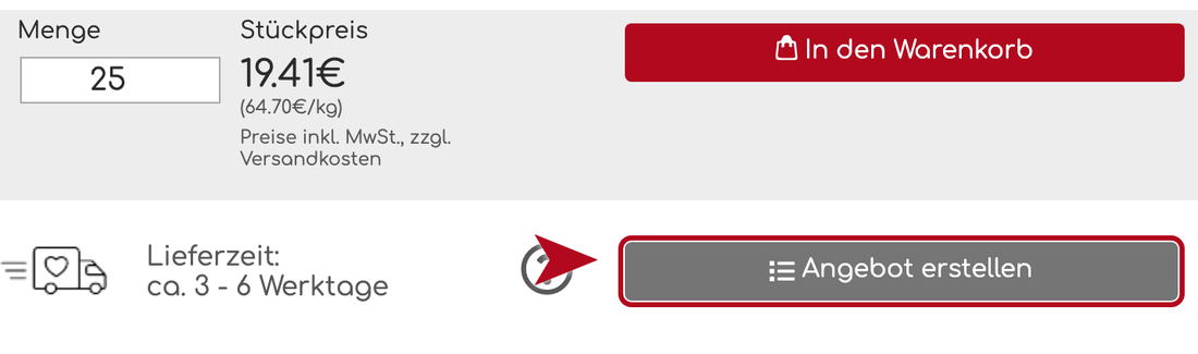 Mengenfeld mit der hervorgehobenen Schaltfl&auml;che Angebot erstellen