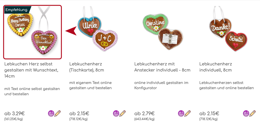 Produkt&uuml;bersicht mit personalisierbaren Lebkuchenherzen