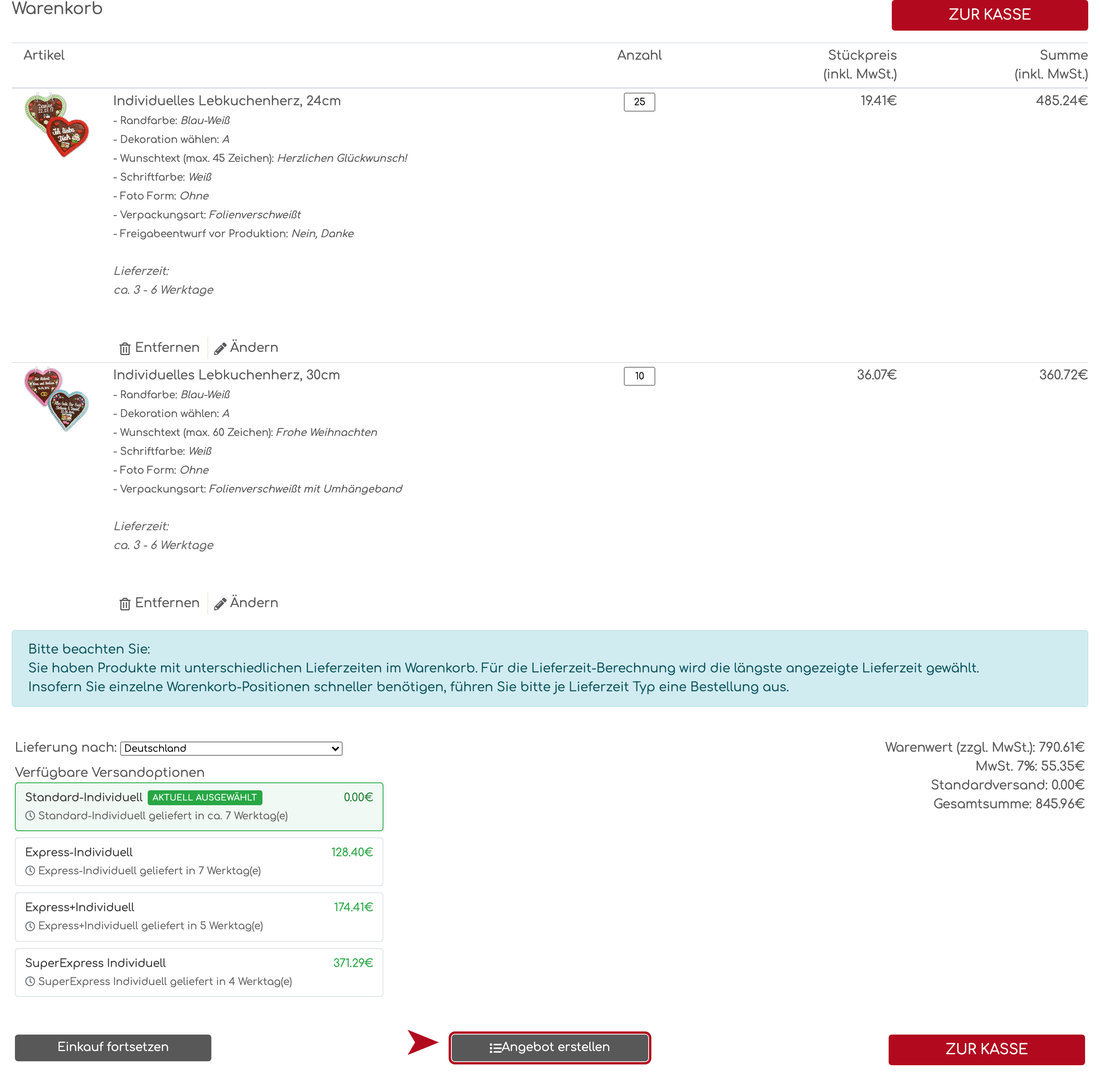 Warenkorb mit mehreren Positionen und der Schaltfl&auml;che Angebot erstellen