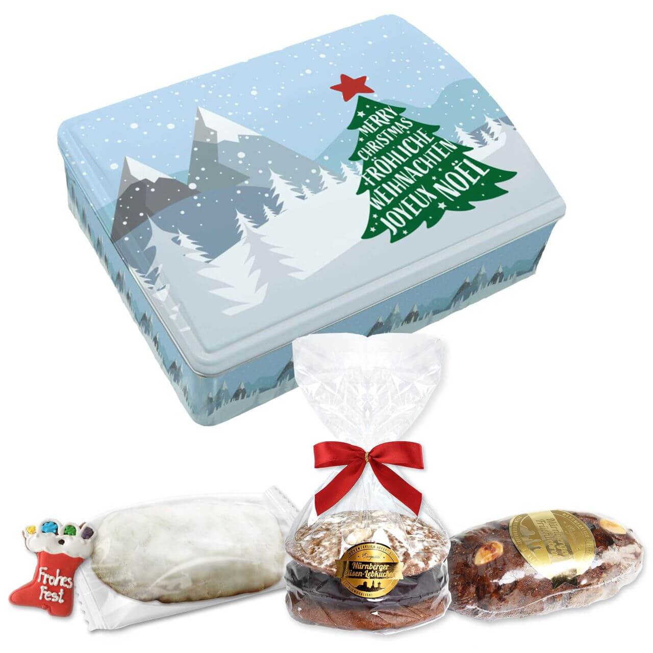 Winter landscape gift chest with Christmas tree