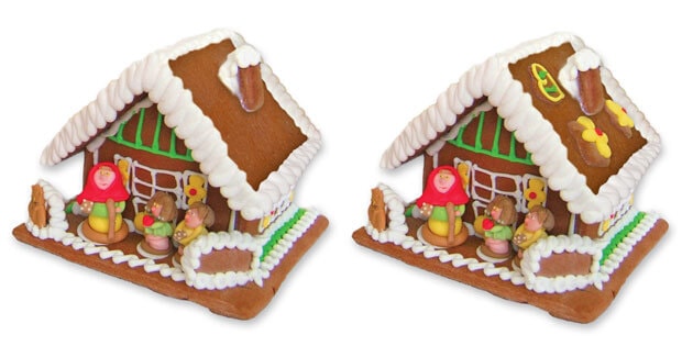 Decorated gingerbread house and undecorated gingerbread house size L for comparison