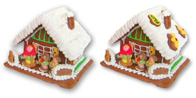 Decorated gingerbread house and undecorated gingerbread house size L for comparison