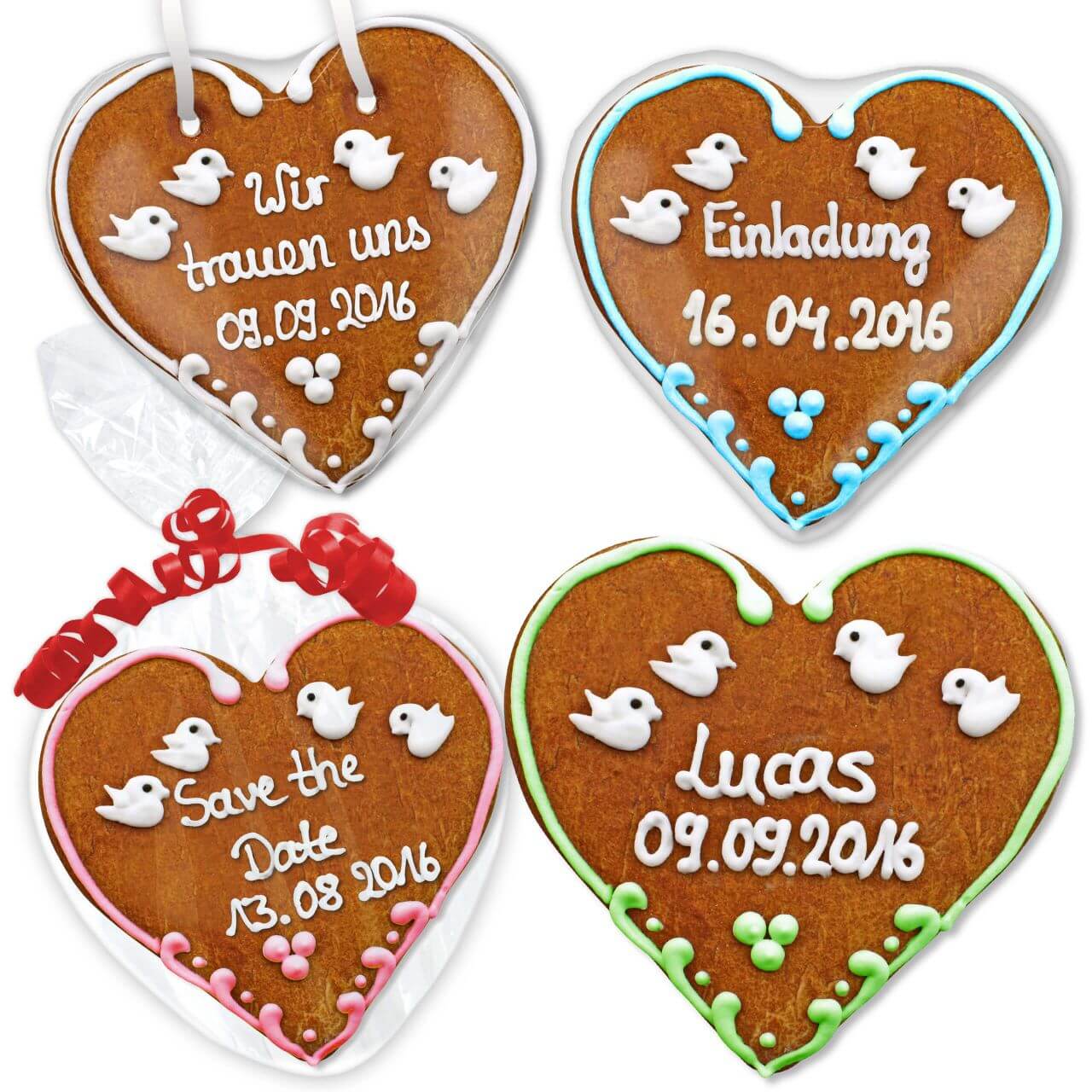 Individual gingerbread heart as wedding invitation set Lucas
