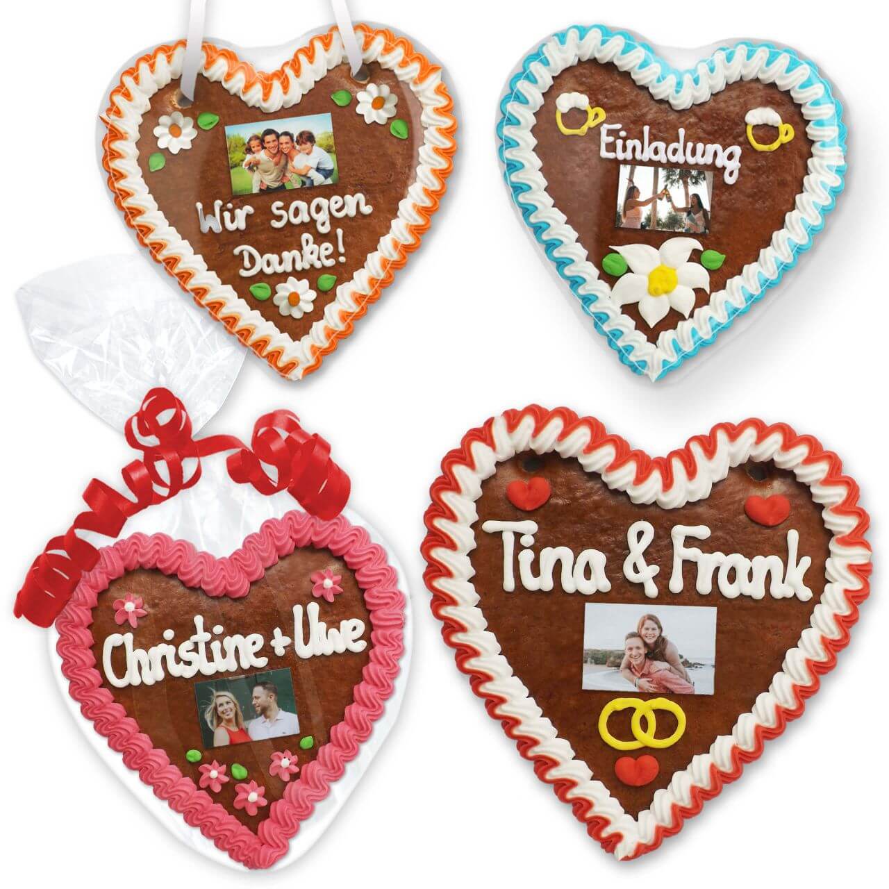 Personalized gingerbread heart with wish text and photo 16cm