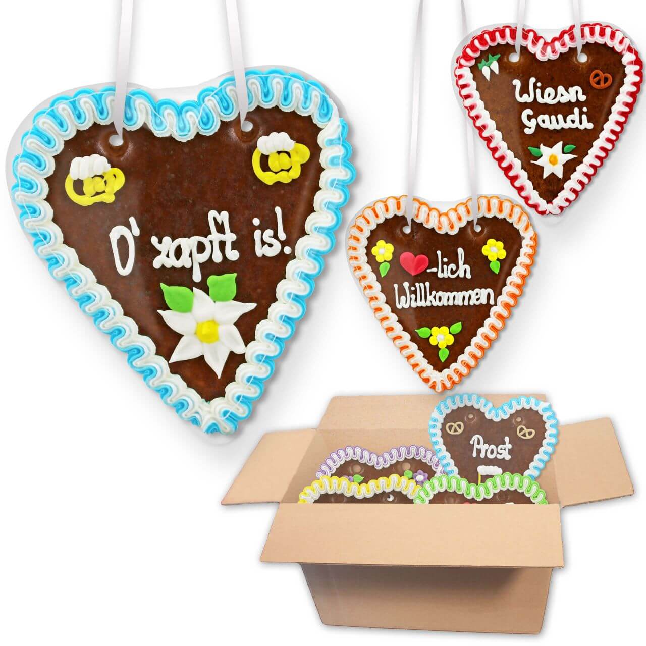 Lebkuchenherz Mischkarton 18cm 20 Herzen versch. Sprüche