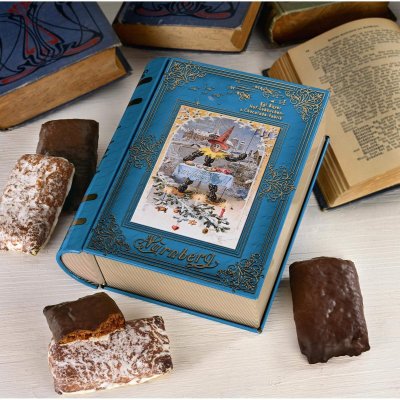 Book-shaped gingerbread tin surrounded by square Nuremberg Lebkuchen and books