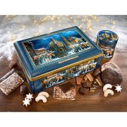 Lebkuchentruhe im Christkindes Markt Design mit versch. Nürnberger Lebkuchen, Lebkuchendose und Weihnachtsgebäck Lebkuchentruhe im Christkindes Markt Design mit versch. Nürnberger Lebkuchen, Lebkuchendose und Weihnachtsgebäck