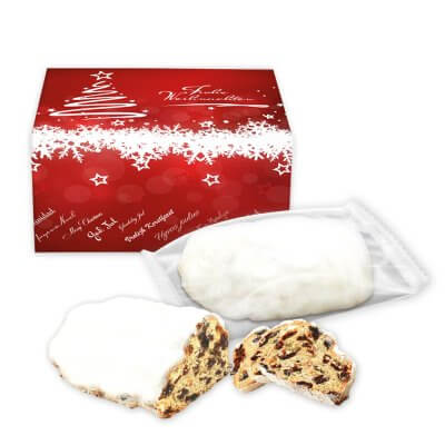 Christstollen in weihnachtlicher Geschenkbox - Weihnachtsbaum, 200g