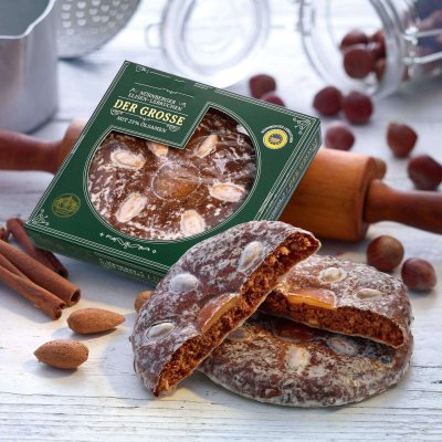 Großer Nürnberger Elisen Lebkuchen einzeln und in Verpackung, dekoriert mit hochwertigen Zutaten