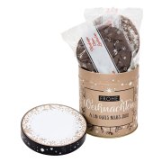 Open “Christmas Tree” gingerbread tin with individually wrapped Elisen Lebkuchen coated in sugar and chocolate