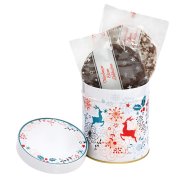 Reindeer-design gingerbread tin with individually wrapped Elisen Lebkuchen coated in chocolate and sugar glaze, traditional Germ
