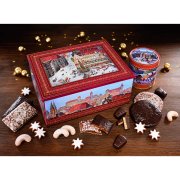 Lebkuchentruhe mit Nürnberg Motiv mit verschiedenen Lebkuchen, Keksen und Lebkuchendose Lebkuchentruhe mit Nürnberg Motiv mit verschiedenen Lebkuchen, Keksen und Lebkuchendose