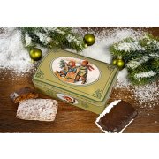 Lebkuchen Geschenktruhe, mit verschiedenen eckigen Nürnberger Lebkuchen, im kindlichen Design mit Schnee und Schlitten Lebkuchen Geschenktruhe, mit verschiedenen eckigen Nürnberger Lebkuchen, im kindlichen Design mit Schnee und Schlitten