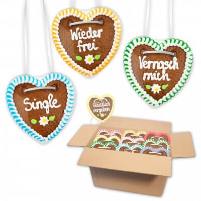 Gingerbread hearts mixed in a carton - 10cm - Flirt Sayings