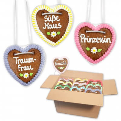 Gingerbread hearts mixed in a carton - 10cm - Sayings for Women