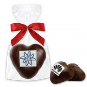 Filled gingerbread hearts with dark chocolate glaze, logo incl