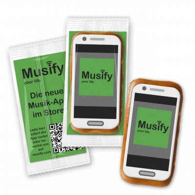 Lebkuchen Smartphone mit Zuckerpapier-Aufleger, 12cm und Werbekarte - Flowpack verpackt