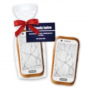 Gingerbread smartphone with sugar paper trailer, 10cm and advertising card - In cellophane bag
