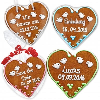 Individual gingerbread heart as wedding invitation set Lucas