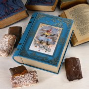Lebkuchen Buch Dose umgeben von eckigen Nürnberger Lebkuchen und Büchern