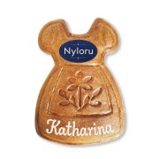 Gingerbread dirndl decorated with a name and a custom logo on edible sugar paper