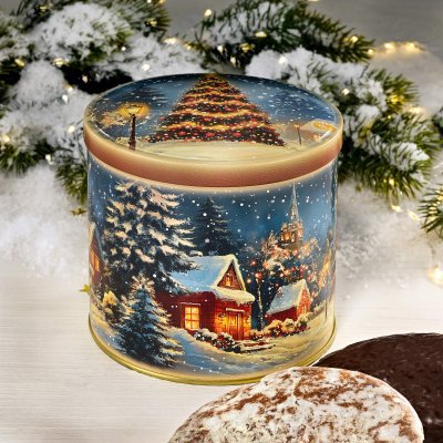 Blue decorative gingerbread tins with Christmas gift design, surrounded by festive ornaments and Elisen Lebkuchen, traditional G