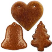 gingerbred set, 5 pieces each of heart, tree and bell
