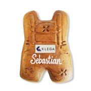 Gingerbread lederhosen decorated with a name and a custom logo on edible sugar paper