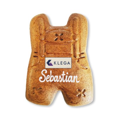 Gingerbread lederhosen decorated with a name and a custom logo on edible sugar paper