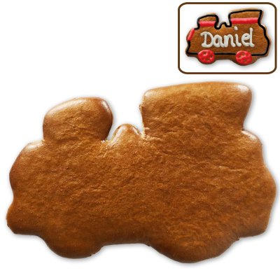 Train-shaped gingerbread blank, 12 cm, with design example