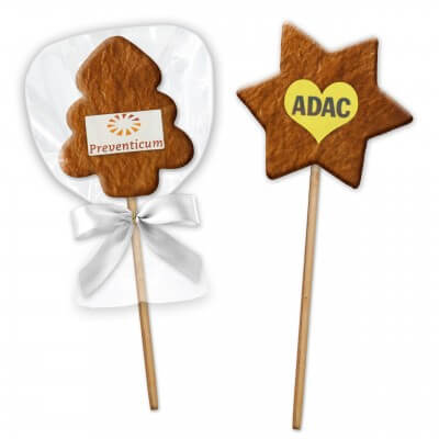 Gingerbread on a stick Star or tree, 7cm with logo