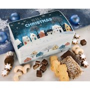 Christmas Eve metal tin with assorted cookies