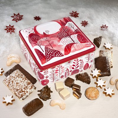 Lebkuchentruhe Weihnachtszauber geöffnet mit Lebkuchen, Konfekt und Weihnachtsgebäck