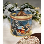 Lebkuchendosen im blauen Design mit Weihnachtsgeschenk umgeben von Weihnachtsschmuck und Elisen Lebkuchen