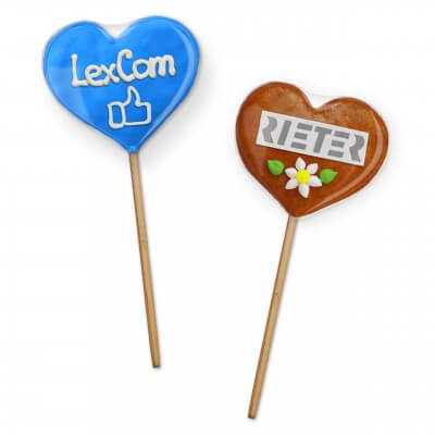 Gingerbread Heart Lollies - with logo andr text 8cm