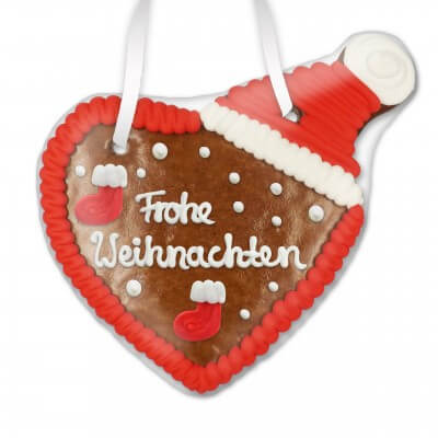 Frohe Weihnachten - gingerbread heart with hat, 16 cm