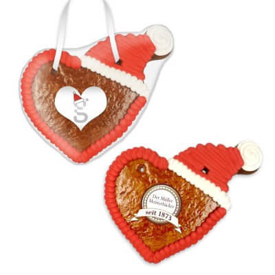 Gingerbread hearts customized with Christmas hat and logo 12cm