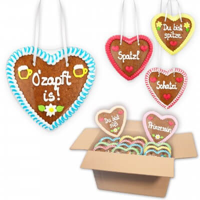 Gingerbread Hearts Mixed Box 14cm - 20 hearts per box - various themes