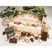 Lebkuchen Geschenkbox mit "Frohe Weihnachten" Schriftzug mit Lebkuchen, Konfekt, Plätzchen und Lebkuchendose