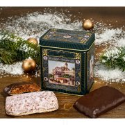 Rote Lebkuchengeschenkdose mit Nürnberger Mini Elisen Lebkuchen und Weihnachtsschmuck